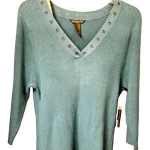 Hillard& Hanson Seafoam Green Ribbed V Neck 3/4 Sleeve Pullover Sweater, sz 1X